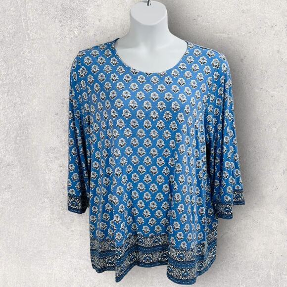 J Jill Boho Border Print Floral Blue Scoop Neck Top 3/4 Sleeve 4X - Picture 3 of 11
